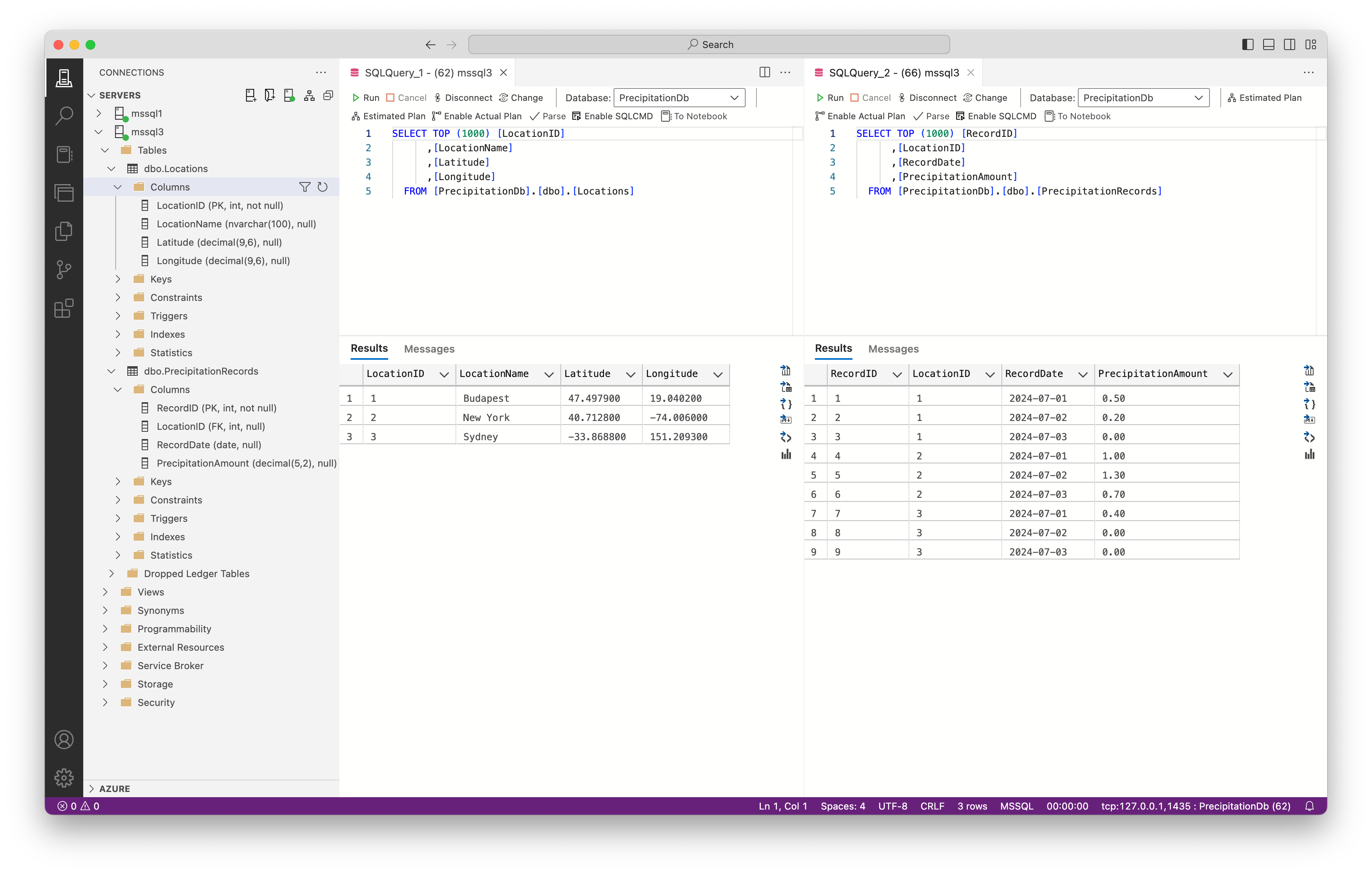 Azure Data Studio with PrecipitationDB Populated