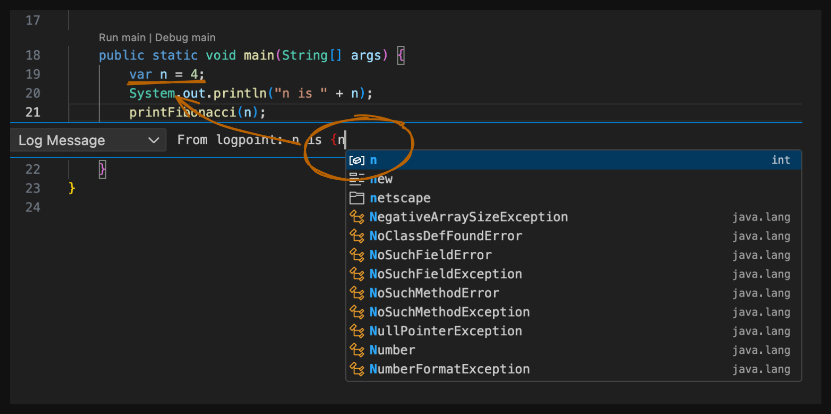 Add logpoint with variable in VS Code