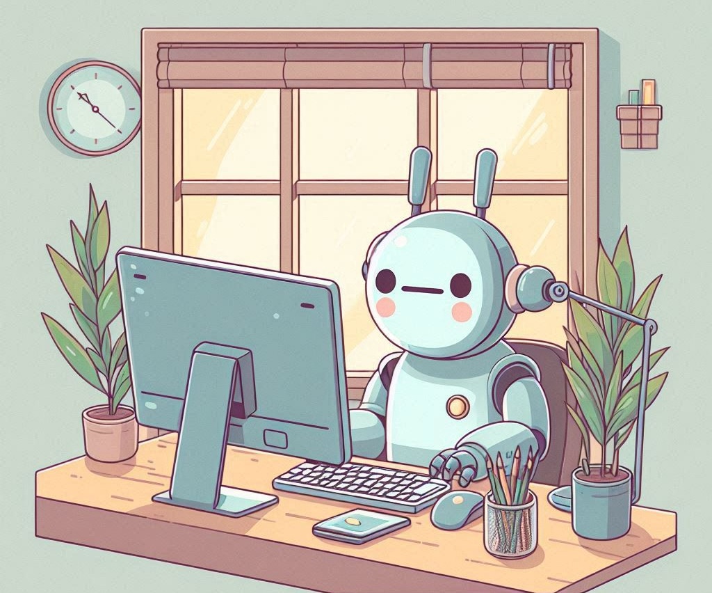 Illustration of a robot working from home