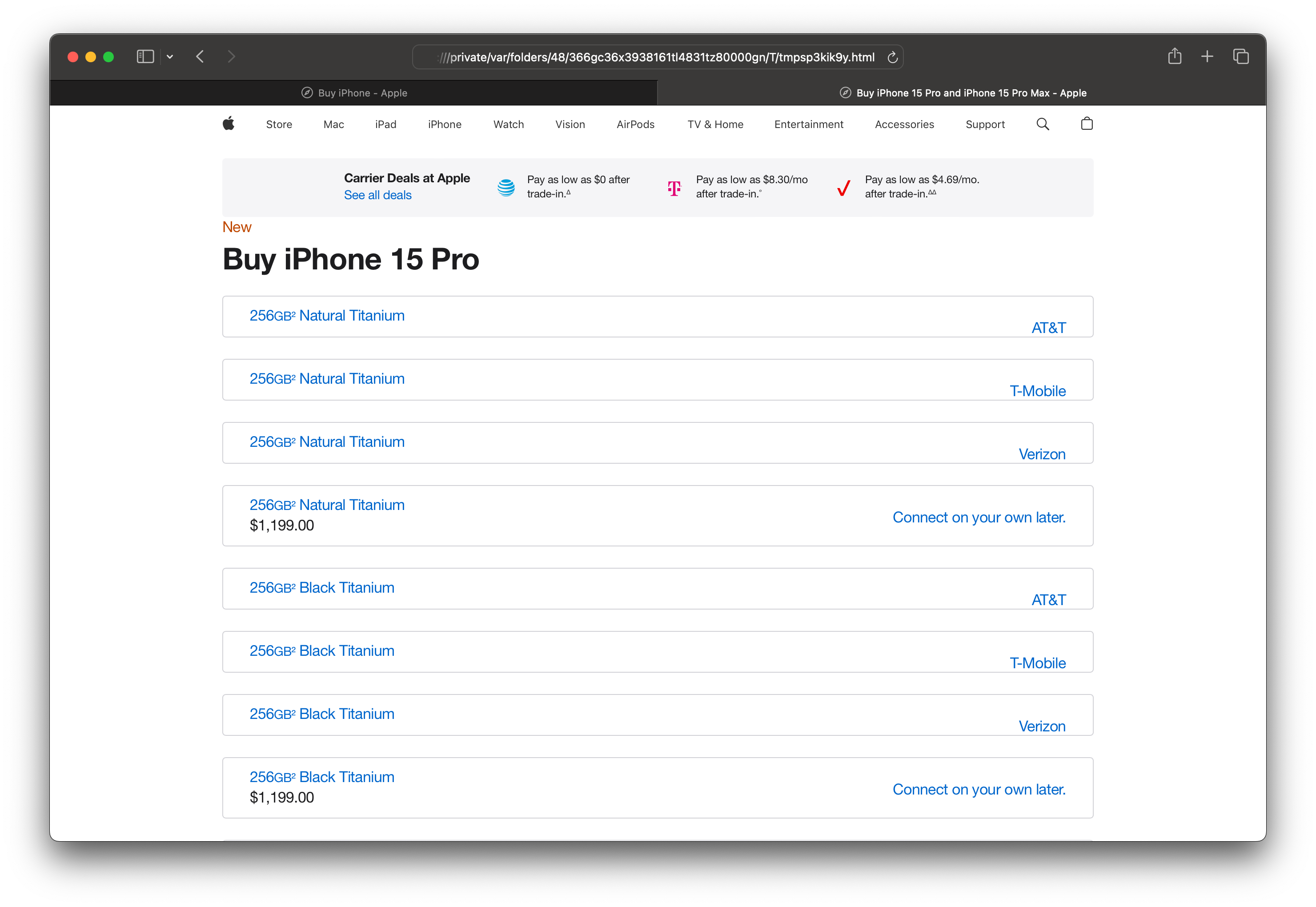 screenshot of the iPhone 15 Pro’s page