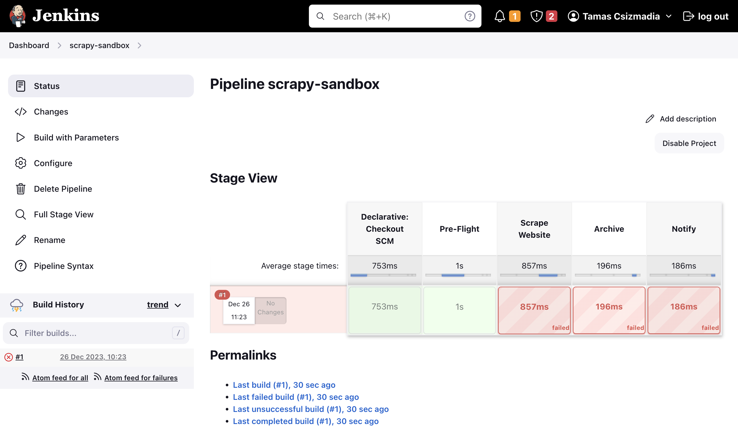 Screenshot of failed Jenkins Pipeline