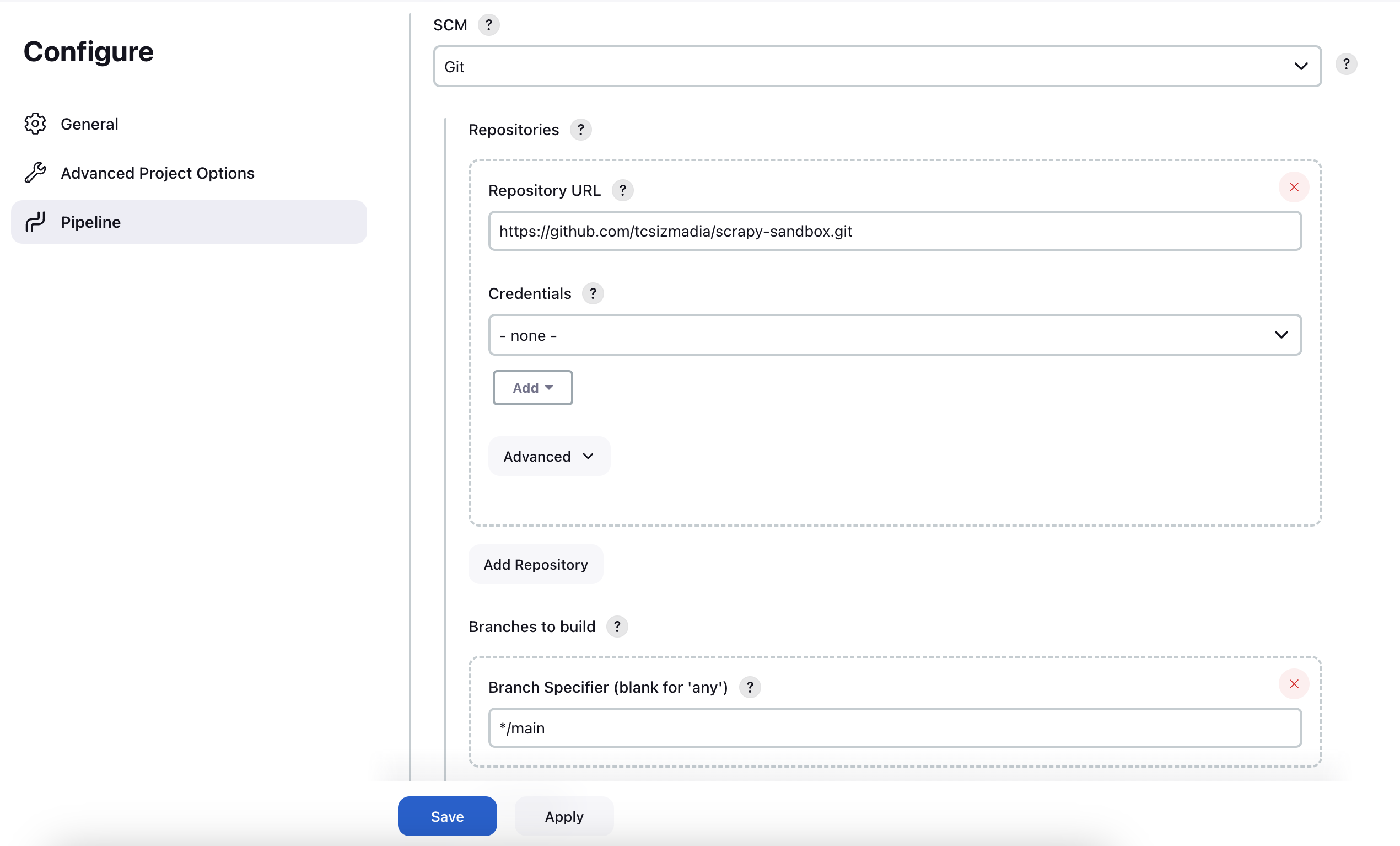 Screenshot of the Pipeline SCM configuration