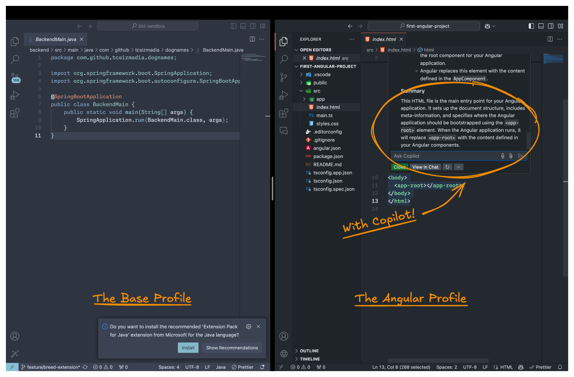 The ‘Base’ vs the ‘Angular with Copilot’ profile