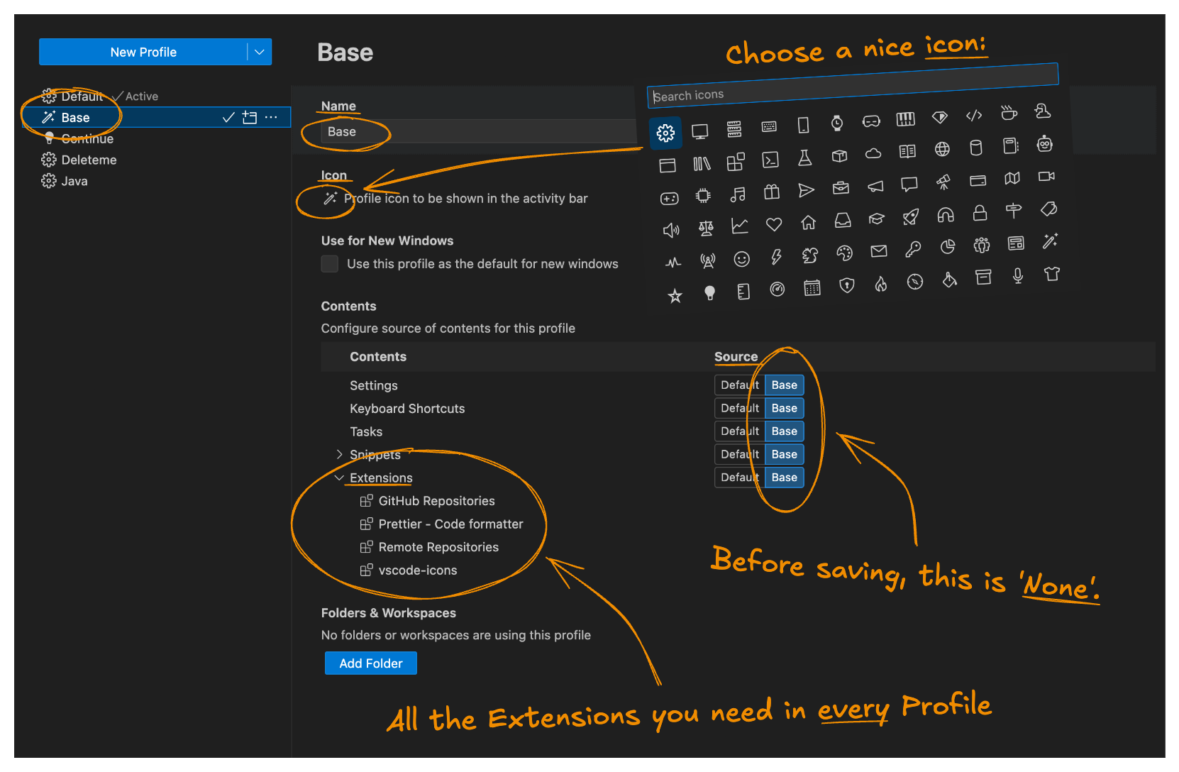 Creating a ‘Base’ profile in VS Code